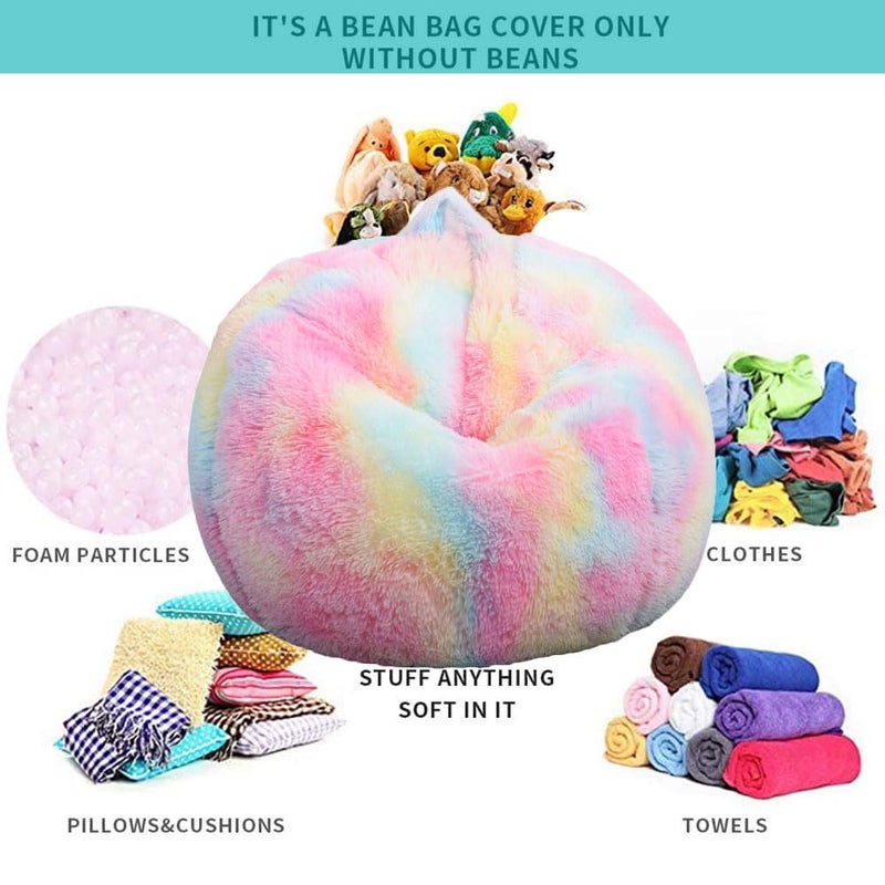 Kisoy Fluffy Stuffed Animal Storage Bean Bag Chair Cover (No Filler), Faux Fur Comfy Bean Bag Cover for Organizing Plush Toys or Textile, for Adults Teens Kids Girls, Rainbow - Image 4