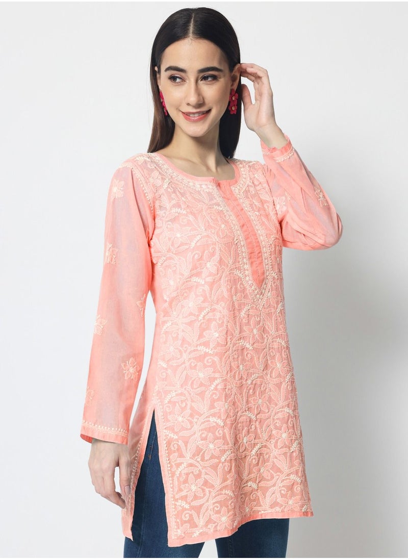 Alaya - Hand Embroidered Chikankari Cotton Straight Tunic-AL3591 - Image 1