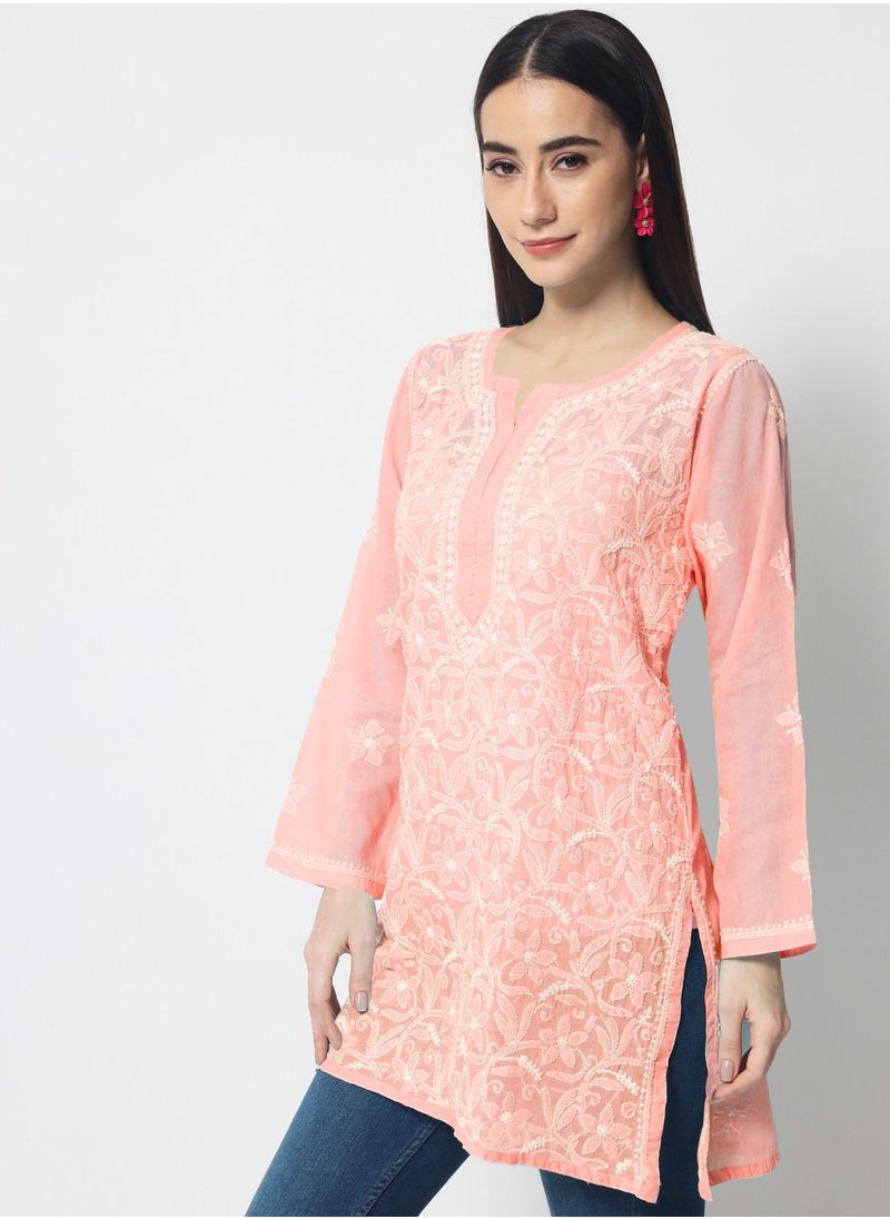 Alaya - Hand Embroidered Chikankari Cotton Straight Tunic-AL3591 - Image 1