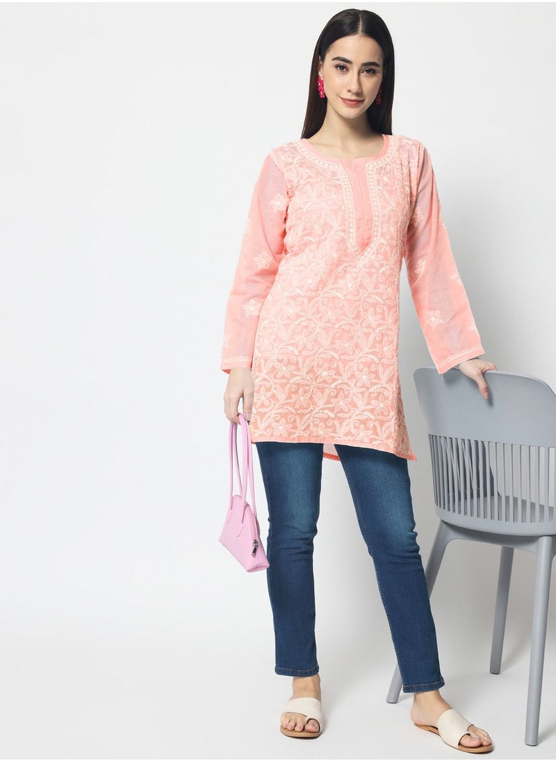 Alaya - Hand Embroidered Chikankari Cotton Straight Tunic-AL3591 - Image 1