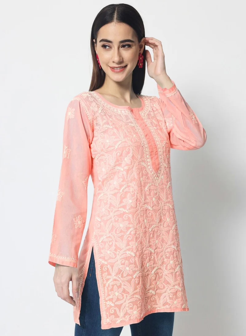 Alaya Darkpeach Hand Embroidered Chikankari Cotton Straight Tunic-AL3591 for Women | Best Price UAE