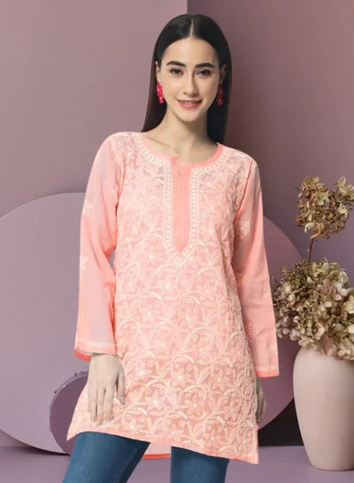 Alaya Hand Embroidered Chikankari Cotton Straight Tunic-AL3591