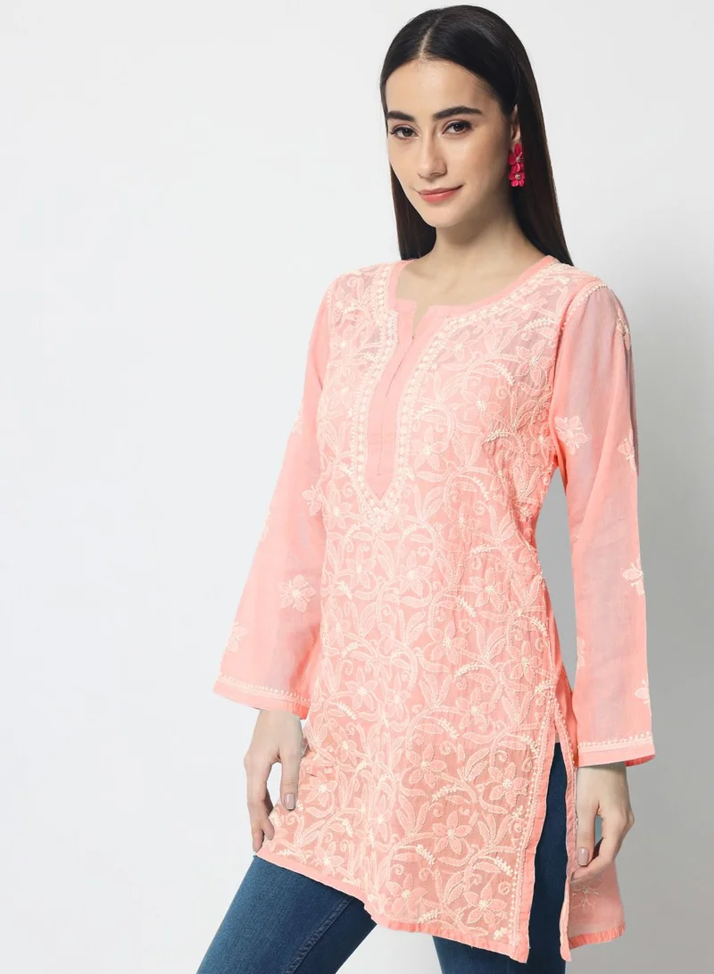 Alaya Darkpeach Hand Embroidered Chikankari Cotton Straight Tunic-AL3591 for Women | Best Price UAE
