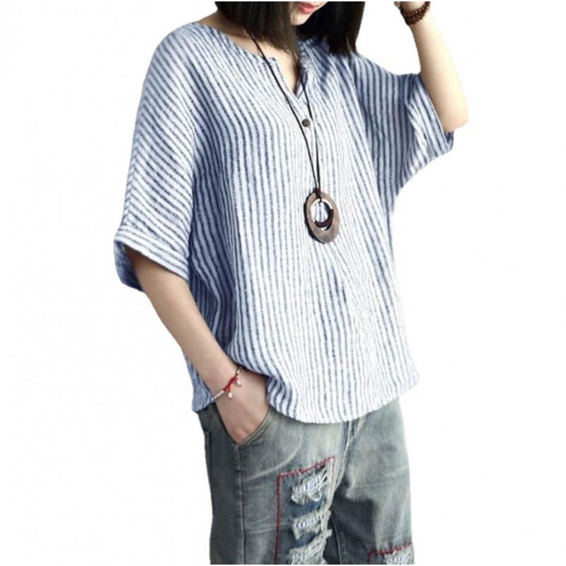 Women's Casual Striped T-Shirt, Round Neck, 7/8 Sleeve - Image 3