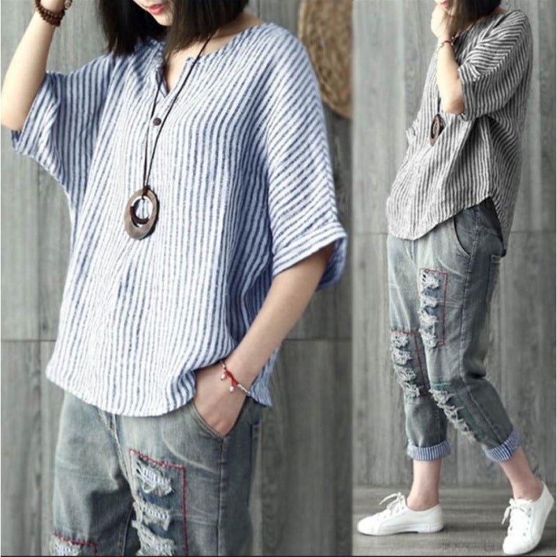 Women's Casual Striped T-Shirt, Round Neck, 7/8 Sleeve - Image 1