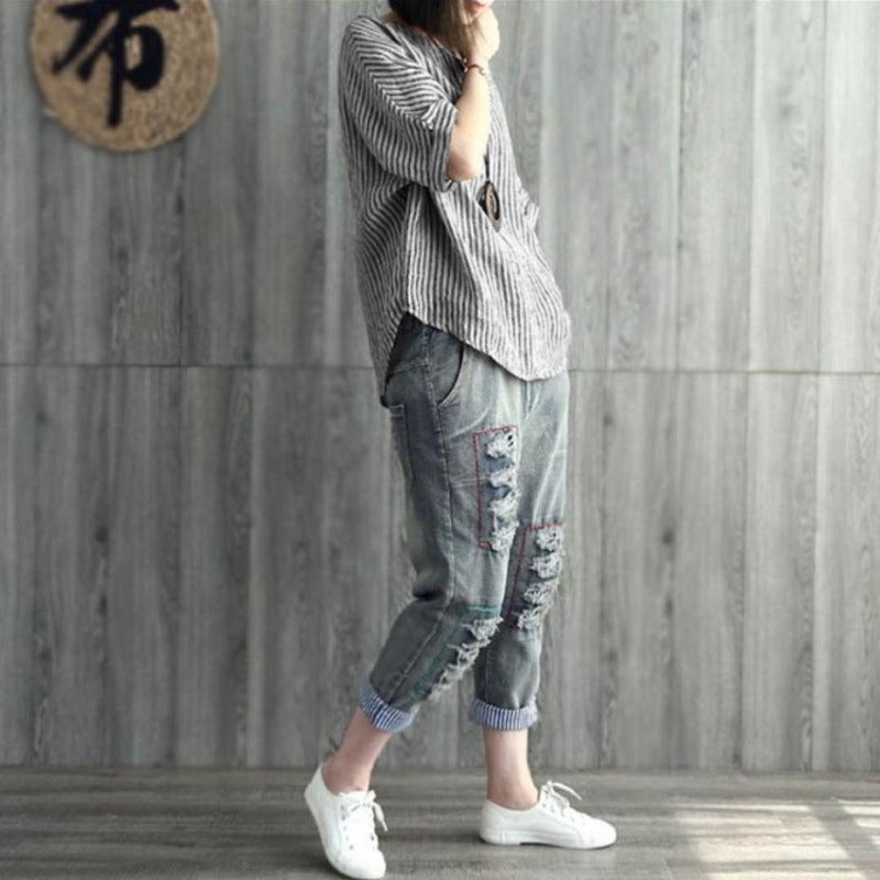 Women's Casual Striped T-Shirt, Round Neck, 7/8 Sleeve - Image 2