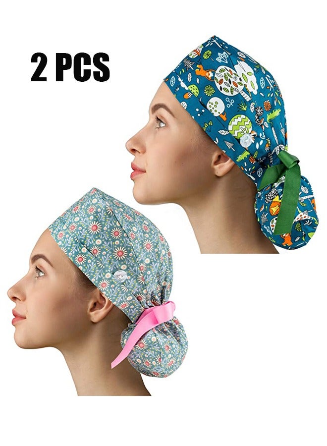 2 Pack Working Cap with ons and Sweatband Adjustable, Cotton Working Hats with Adjustable Ponytail Pack, Head Covers Shower Caps, Sweatband Ribbon Tie Back Hats for Long Hair Women - Image 1