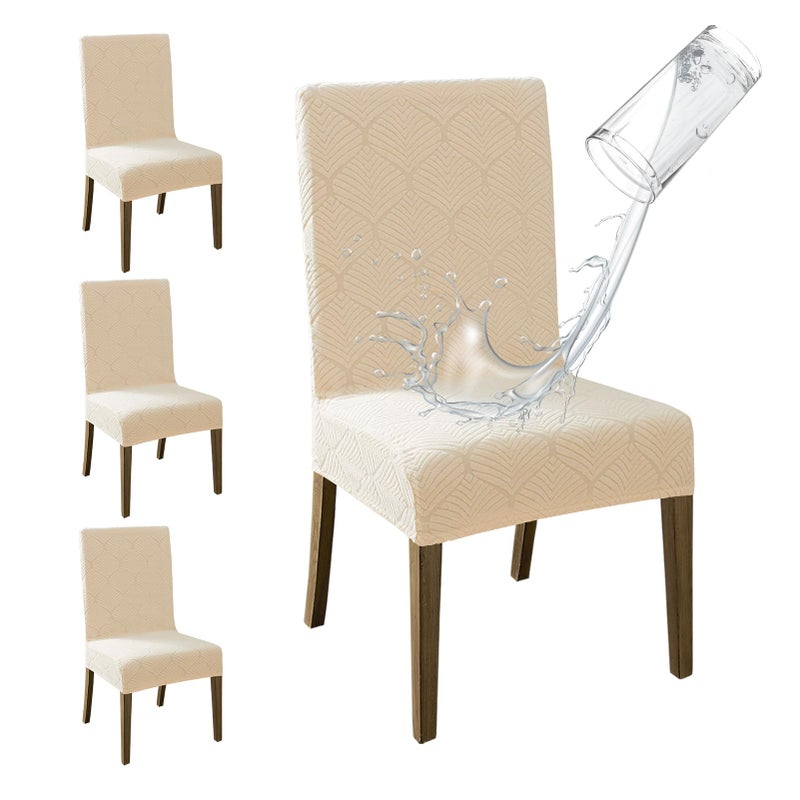 MOSAYT 100% Waterproof Dining Room Chair Covers Set of 4, Super Fit Stretch Jacquard Parson Chairs Slipcovers Removable Washable Chair Seat Protectors for Home, Kitchen, Banquet (Beige) - Image 1