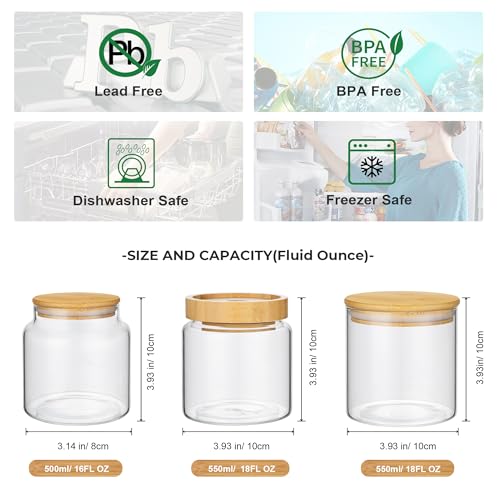 piconesper 1PC Small Glass Storage Jars with Airtight Lids, 18 fl oz (550ml) Cute Clear Glass Storage container with bamboo Lid, Glass Pantry Canister for Beans, Rice, Sugar, Cookie Coffee and etc - Image 3