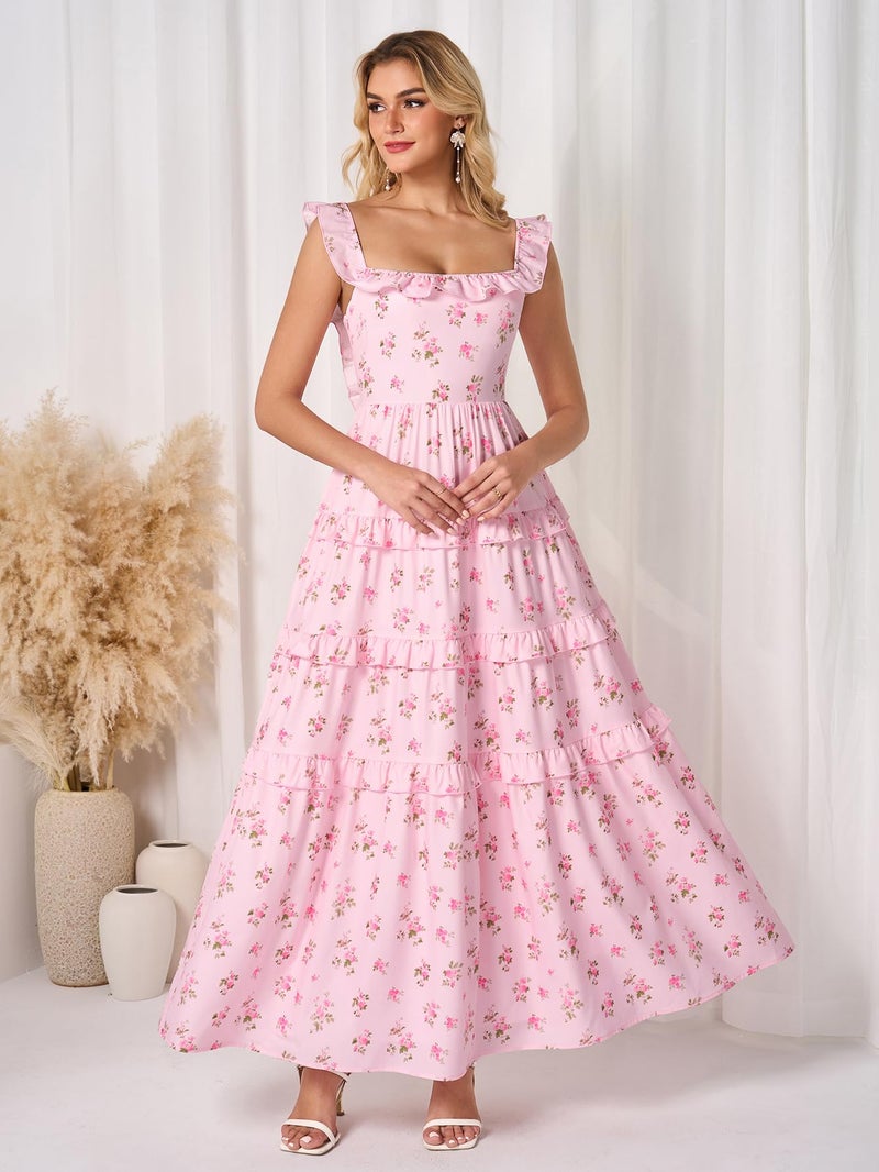 EYNMIN Women's Summer Floral Boho Maxi Dress Tiered Ruffle Smocked Long Flowy Beach Wedding Guest Dresses Casual Sundress - Image 5