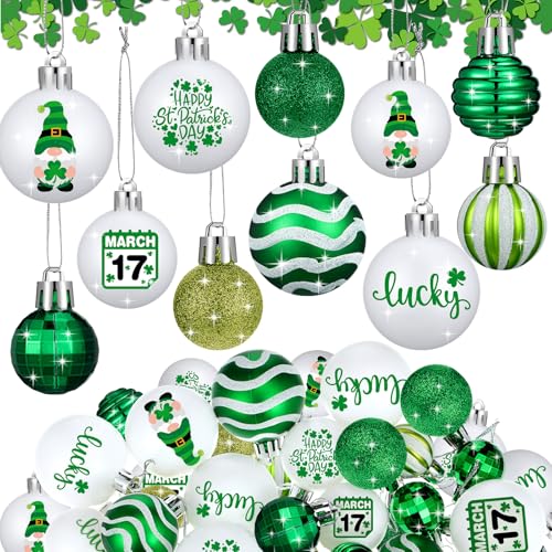 VIHOSE 40 Pcs St Patricks Day Ball OrnamentLucky Shamrock Ornaments for TreeGreen White Clover Hanging DecorationsAssorted Plastic Hanging Balls Decors for Irish Festival Home Party Festival - Image 1