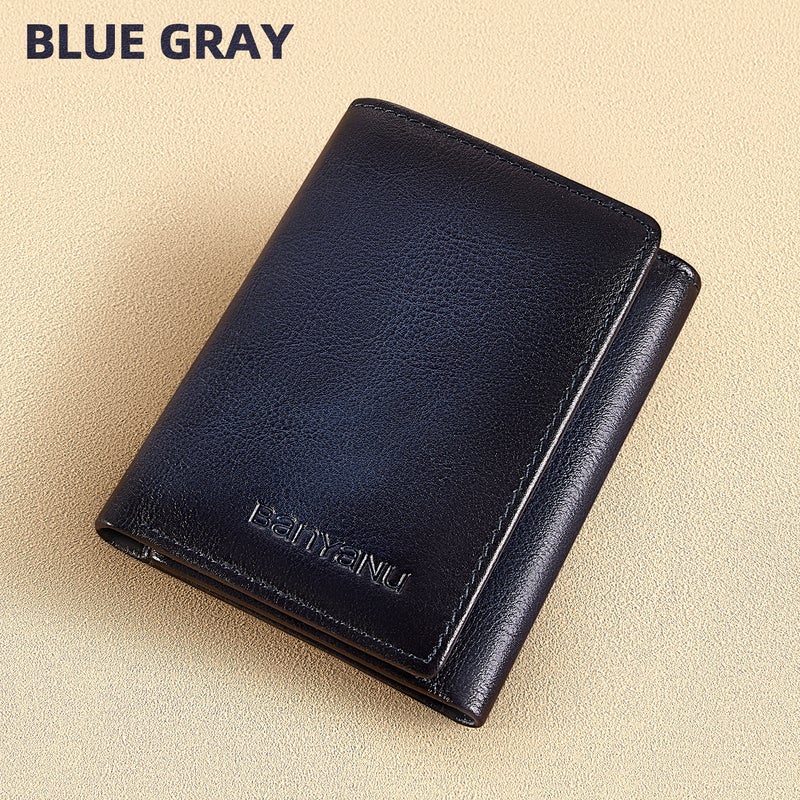 banyanu Men's Genuine Leather Tri-Fold Wallet with ID Window, 11 Card Slots, and 2 Bill Pockets; RFID Anti-Theft; Blue-Gray Leather Lining - Image 1