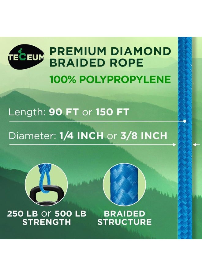 TECEUM Rope – 90 Feet x 1/4 Inch (7mm) – Strong All-Purpose Utility Rope – Camping, Crafting, Flag Pole, Indoor & Outdoor – Polypropylene Nylon Poly Lightweight Diamond Braided Cord – Sky Blue - Image 2