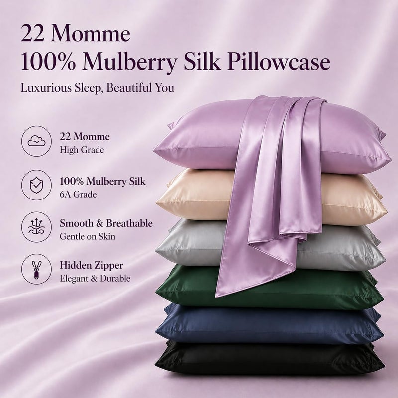 ROSEWARD 100% Mulberry Silk Pillowcase for Hair and Skin, Pure 22 Momme Silk, Acne Pillowcase with Zipper, Hypoallergenic, Cooling, Anti Wrinkle, 1 Pc 20"x26" (Standard, Purple) - Image 2