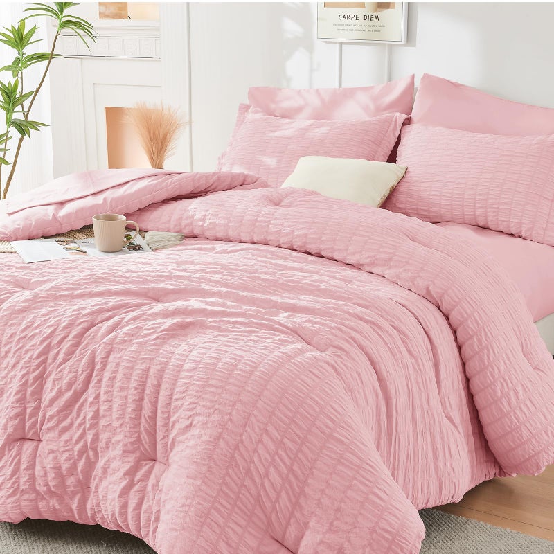 HYMOKEGE HYMOKEGE Pink Queen Comforter Set Seersucker 7 Pieces All Season Luxury Bed in a Bag for Bedroom Bedding Set with Comforters Sheets Pillowcases  Shams 