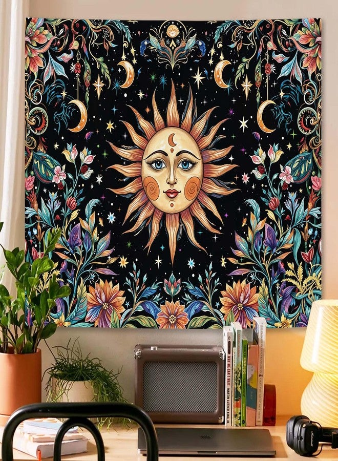 Aipon Sun and Moon Tapestry Hippie Boho Floral Wall Tapestry for Bedroom Aesthetic Colorful Flowers Vintage Celestial Botanical Plant Small Tapestries Wall Hanging for Living Room Dorm 48 x 36 Inch - Image 2