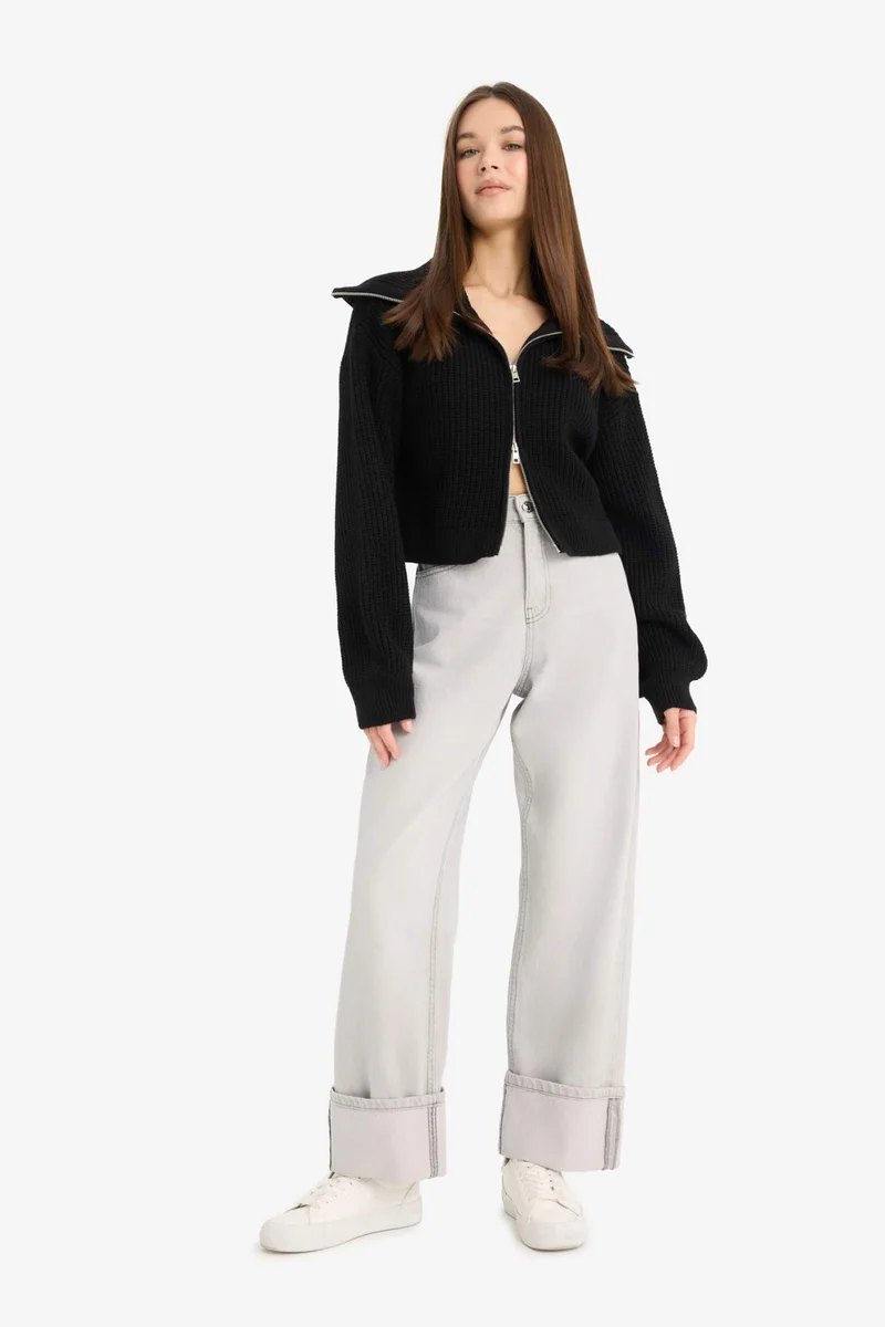 Defacto Slim Fit Polo Collar Zippered Knit Cardigan