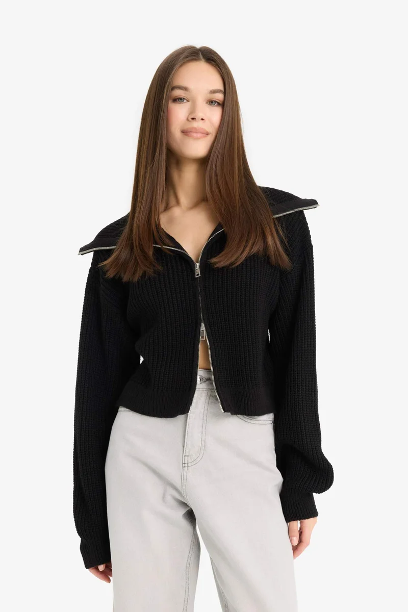 Defacto Slim Fit Polo Collar Zippered Knit Cardigan