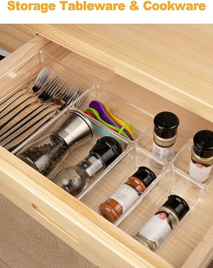 Kaito Transparent Multipurpose Organizers Trays Set, Desk and Vanity Trays for Bathroom, Kitchen, Office Bedroom Dresser Makeup Transparent Tray, 25-Piece Storage Bins Set - Image 5