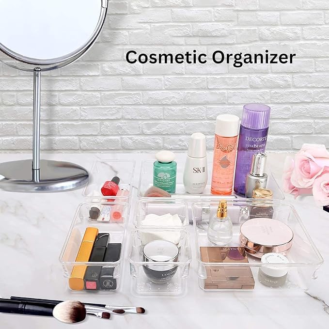 Kaito Transparent Multipurpose Organizers Trays Set, Desk and Vanity Trays for Bathroom, Kitchen, Office Bedroom Dresser Makeup Transparent Tray, 25-Piece Storage Bins Set - Image 4