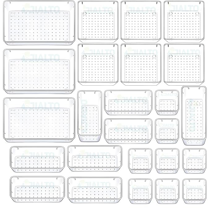 Kaito Transparent Multipurpose Organizers Trays Set, Desk and Vanity Trays for Bathroom, Kitchen, Office Bedroom Dresser Makeup Transparent Tray, 25-Piece Storage Bins Set - Image 1