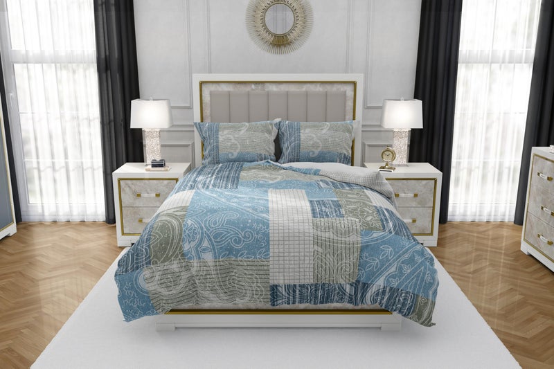 AQUA LINEN طقم ملاءات سرير مزدوجة من AQUA LINEN قطن بحجم كوين 250 TC مع 2 غطاء وسادة مطبوع - أزرق وأخضر - Image 1