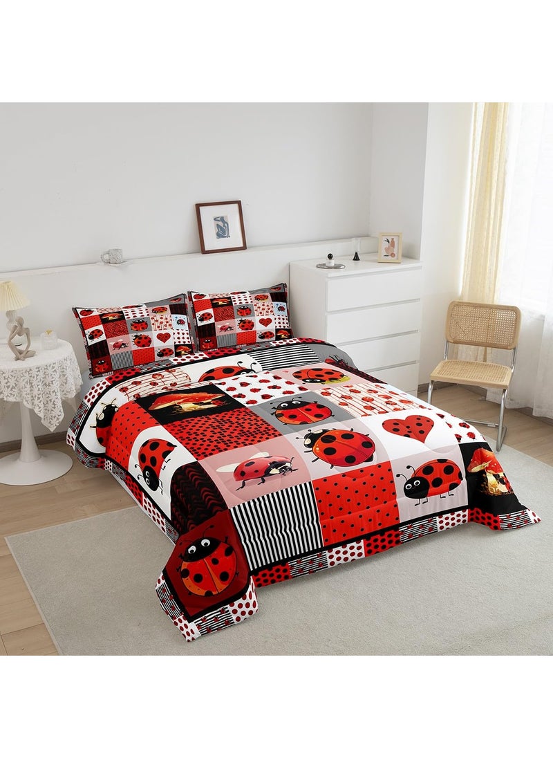 Castle Fairy Cute Ladybug King Size Comforter Set Kids Red Black Polka Dots Decor All Season Bedding Set Teens Geometric Grid Comforter Ladybug Theme Decor Quilt Set Bedroom Collection 3Pcs  - Image 2