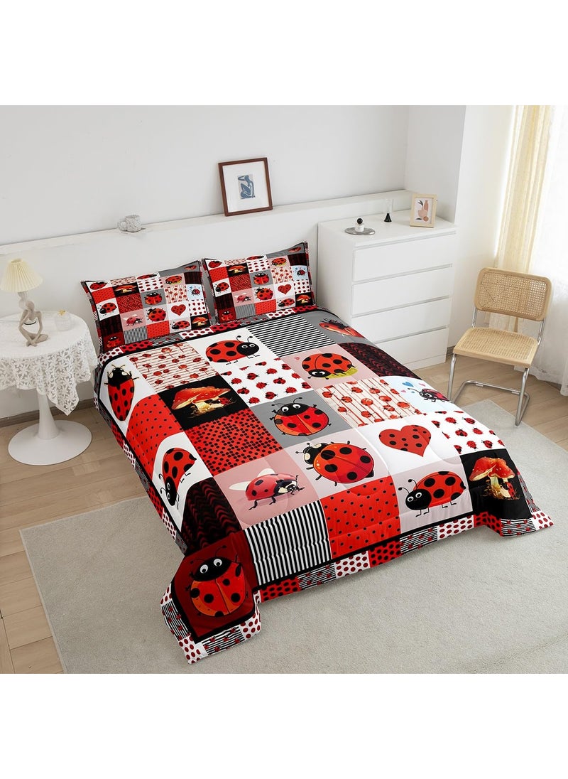 Castle Fairy Cute Ladybug King Size Comforter Set Kids Red Black Polka Dots Decor All Season Bedding Set Teens Geometric Grid Comforter Ladybug Theme Decor Quilt Set Bedroom Collection 3Pcs  - Image 3