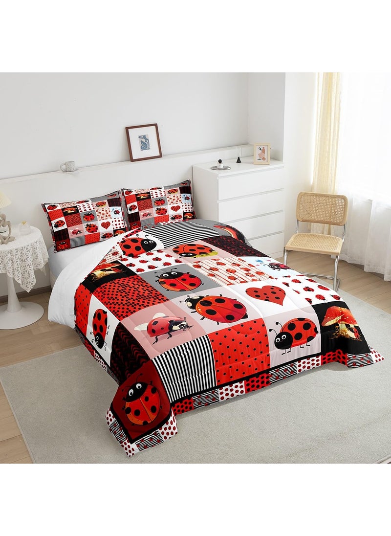 Castle Fairy Cute Ladybug King Size Comforter Set Kids Red Black Polka Dots Decor All Season Bedding Set Teens Geometric Grid Comforter Ladybug Theme Decor Quilt Set Bedroom Collection 3Pcs  - Image 4