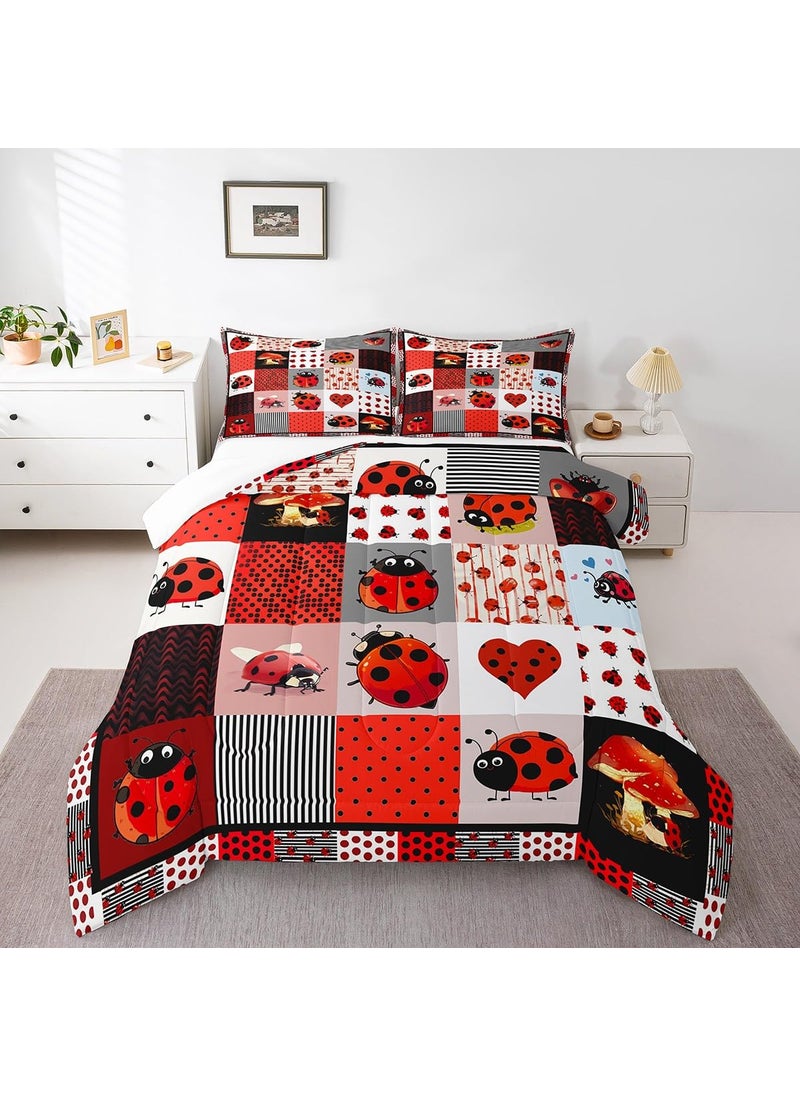 Castle Fairy Cute Ladybug King Size Comforter Set Kids Red Black Polka Dots Decor All Season Bedding Set Teens Geometric Grid Comforter Ladybug Theme Decor Quilt Set Bedroom Collection 3Pcs  - Image 1