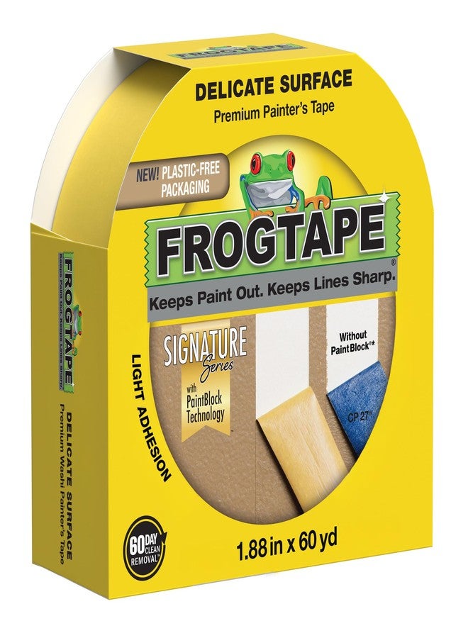 FrogTape Delicate Surface Painters Tape with PAINTBLOCK, 2 Inch Wide (1.88 In. x 60 Yds), Low Adhesion, Ideal for Freshly Painted Walls, Trim & Surfaces, Yellow, 1 Roll (280222) - Image 1