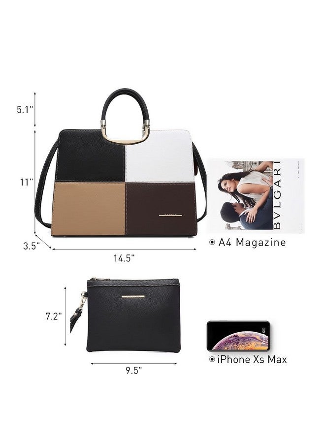 DASEIN Womens Handbag Top Handle Shoulder Bag Tote Satchel Purse Work Bag with Matching Wallet (1-Black/Beige+White) Large - Image 3