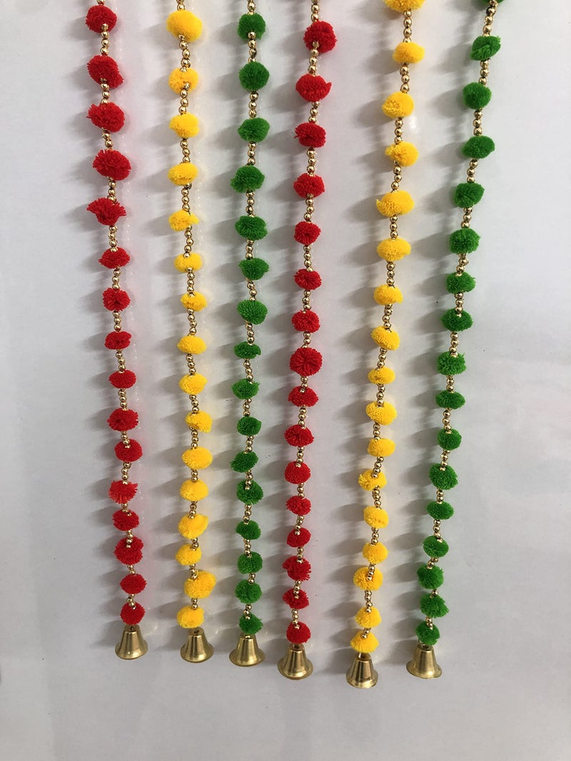 Aahum Handmade WallDoor Hangings 1Ft.Strings Red Yellow Green Color PomPom Torans Garland Bandhwar GoldenBells Temple,Ganesha Decoration Home Décor Diwali,Festival,NavratriWedding,Party(1 FT 6Strings) - Image 2