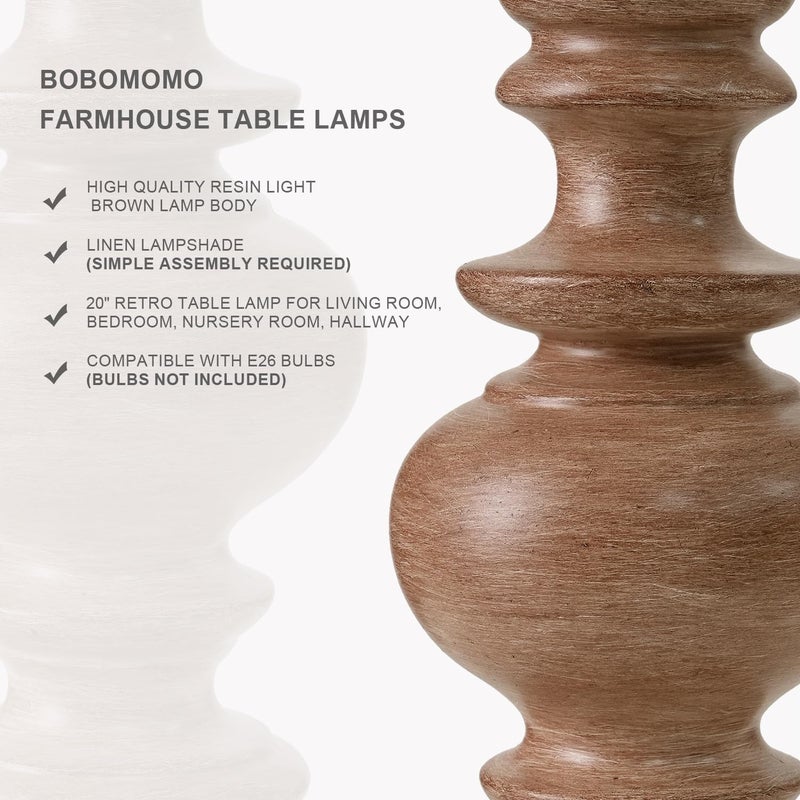 BOBOMOMO 20" Rustic Bedside Lamps Set of 2- Vintage Resin Table Lamps for Nightstands with Linen Shades, Farmhouse Lamps for Living Room, Bedroom, and Hallway (Light Brown) - Ideal for Compact Spaces - Image 3
