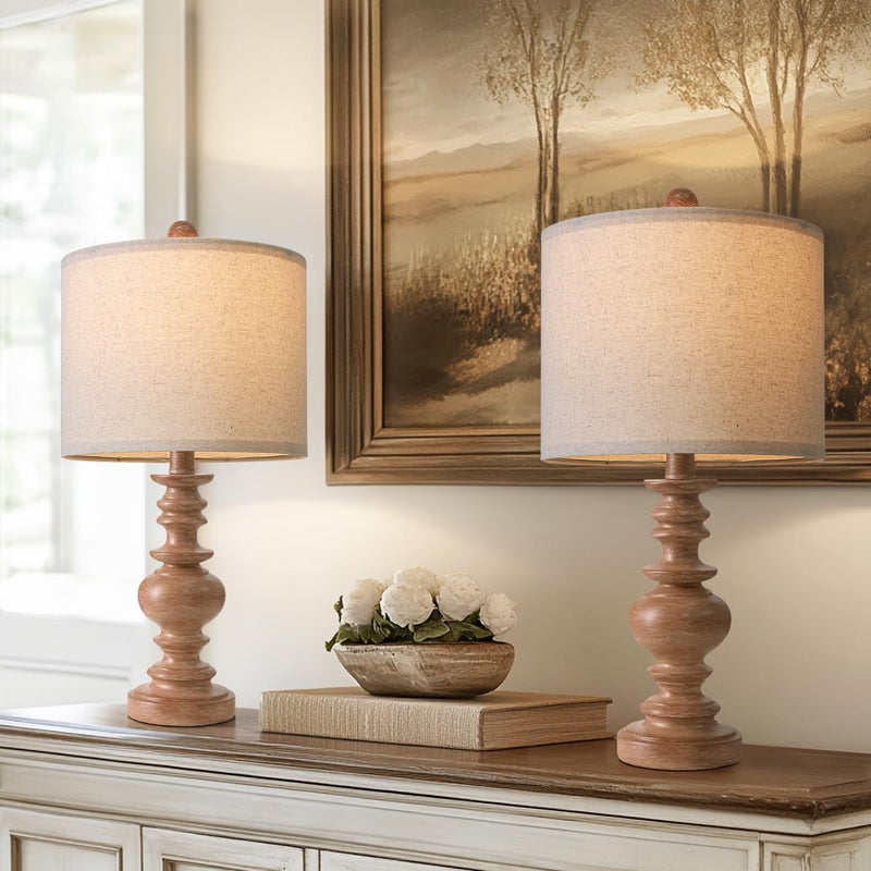 BOBOMOMO 20" Rustic Bedside Lamps Set of 2- Vintage Resin Table Lamps for Nightstands with Linen Shades, Farmhouse Lamps for Living Room, Bedroom, and Hallway (Light Brown) - Ideal for Compact Spaces - Image 1