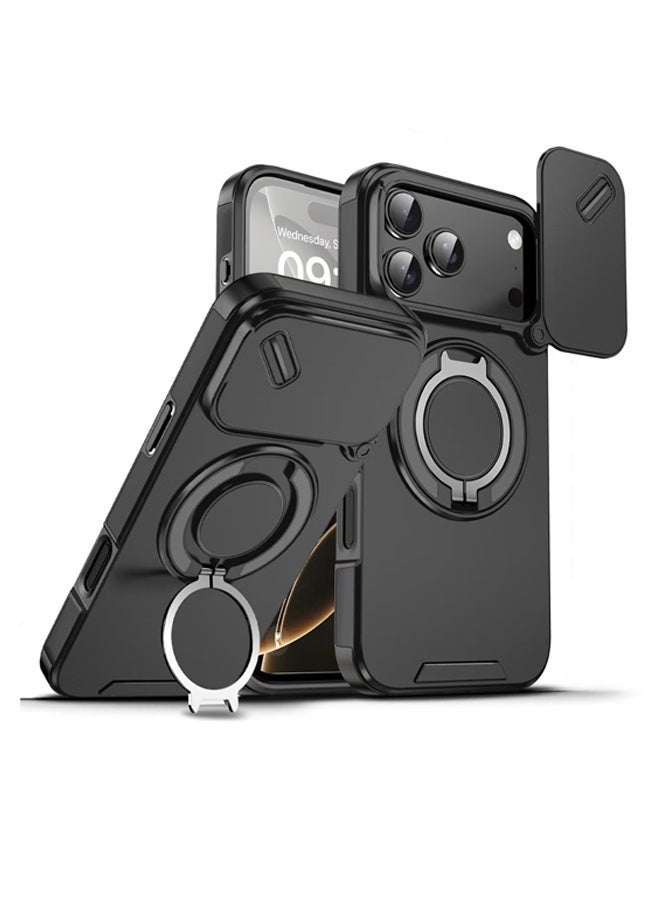 جي كي كي لحافظة iPhone 17 Pro Max مع حلقة إصبع | غطاء 17 Pro Max واقي عدسة الكاميرا المنزلق، حامل مغناطيسي مقاوم للصدمات، قابل للدوران 360 درجة، متوافق مع الشحن اللاسلكي - أسود - Image 1