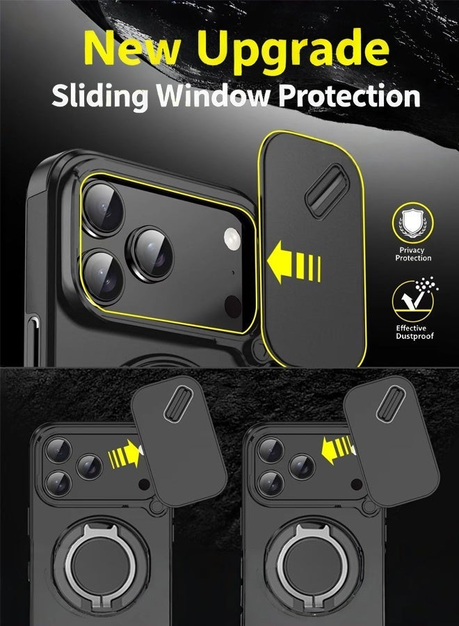 جي كي كي لحافظة iPhone 17 Pro Max مع حلقة إصبع | غطاء 17 Pro Max واقي عدسة الكاميرا المنزلق، حامل مغناطيسي مقاوم للصدمات، قابل للدوران 360 درجة، متوافق مع الشحن اللاسلكي - أسود - Image 2