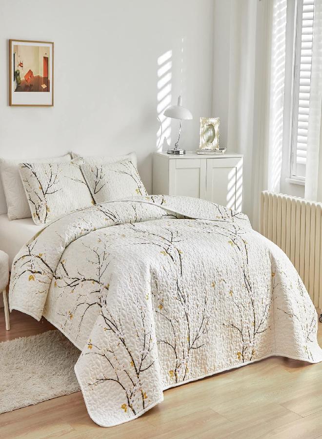 Quilt Set Twin Size Cream White with Black Branch Bedding Set 88x88 Soft Microfiber Lightweight Coverlet Bedspread Summer 2 Pc Bed Cover for (1 Quilt+ 1 Shams)