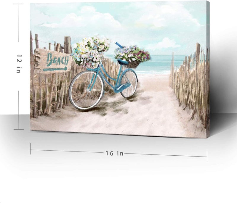 amatop Beach Canvas Wall Art for Bathroom Ocean Pictures Seaside Bicycle Canvas Print Seascape Painting Framed Teal Aqua Blue Calming Shoreside Artwork for Modern Coastal Themed Lake Home Bedroom Décor Ready - Image 2