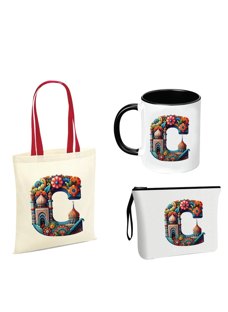 PRINTSHOP4ME Pack of 3 Initial Monogram Gift Set - Black Coffee Mug, Cosmetic Bag and Cotton Tote bag Set - Gift Set for Her - Perfect for Ramadan, School, Travel and Birthday Gift - Image 1