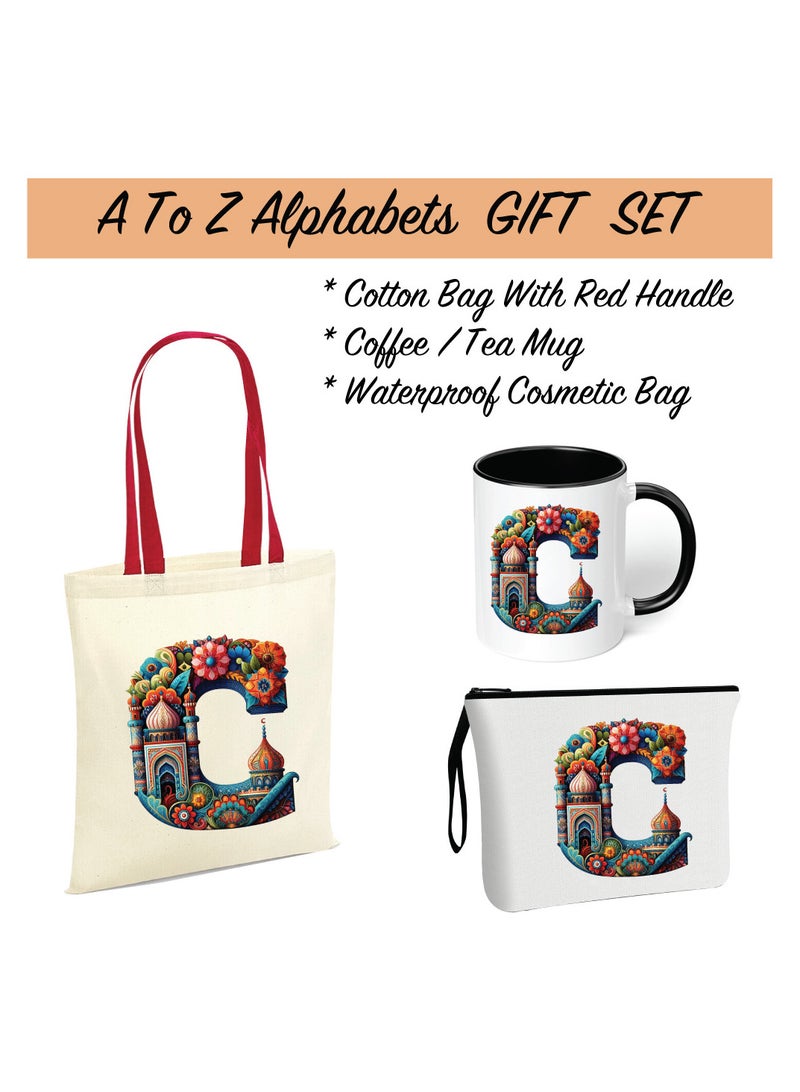 PRINTSHOP4ME Pack of 3 Initial Monogram Gift Set - Black Coffee Mug, Cosmetic Bag and Cotton Tote bag Set - Gift Set for Her - Perfect for Ramadan, School, Travel and Birthday Gift - Image 2