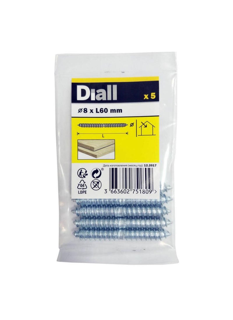 ACE Diall Zinc-Plated Carbon Steel Dowel Screw Pack 8 x 60mm 5Pcs 