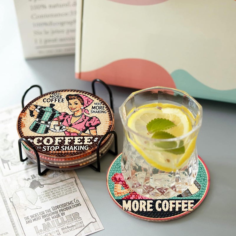 Fotasmua 8Pcs Retro Housewife Diamond Art Coasters Kit, Vintage Coffee Diamond Painting Coasters with Holder, DIY Crafts Art Coaster Kit for Home Decor - Image 4