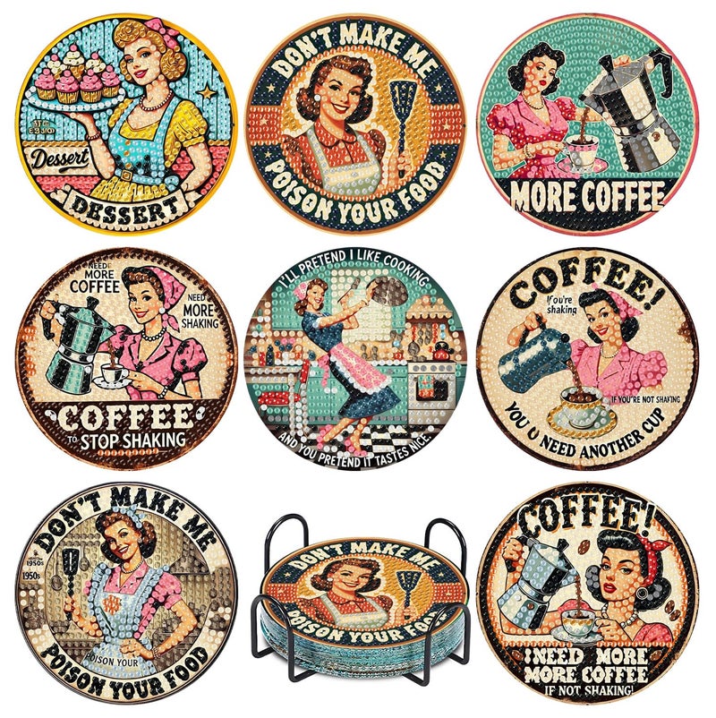 Fotasmua 8Pcs Retro Housewife Diamond Art Coasters Kit, Vintage Coffee Diamond Painting Coasters with Holder, DIY Crafts Art Coaster Kit for Home Decor - Image 1