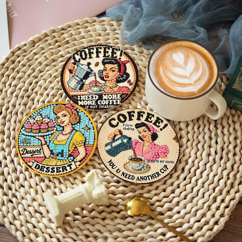 Fotasmua 8Pcs Retro Housewife Diamond Art Coasters Kit, Vintage Coffee Diamond Painting Coasters with Holder, DIY Crafts Art Coaster Kit for Home Decor - Image 2