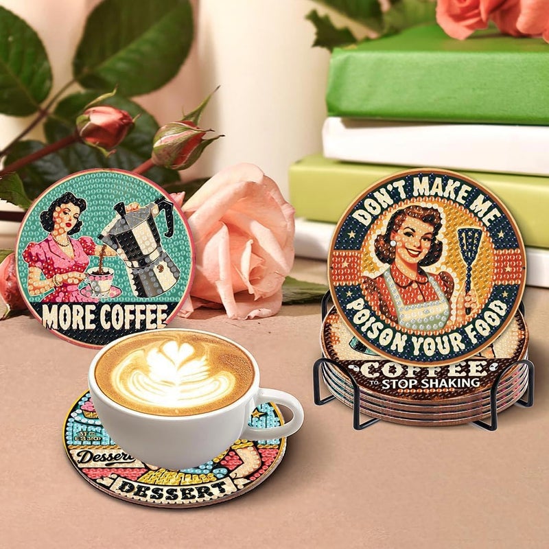 Fotasmua 8Pcs Retro Housewife Diamond Art Coasters Kit, Vintage Coffee Diamond Painting Coasters with Holder, DIY Crafts Art Coaster Kit for Home Decor - Image 3