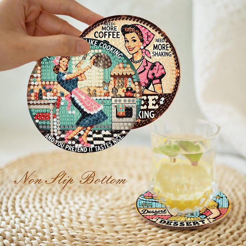 Fotasmua 8Pcs Retro Housewife Diamond Art Coasters Kit, Vintage Coffee Diamond Painting Coasters with Holder, DIY Crafts Art Coaster Kit for Home Decor - Image 5