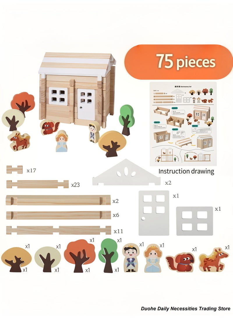 Luban Mortise and Tenon Building Blocks, 75 Pcs Wooden Construction Toy, Educational STEM House Building Kit for Kids Ages 3-12 - Image 1