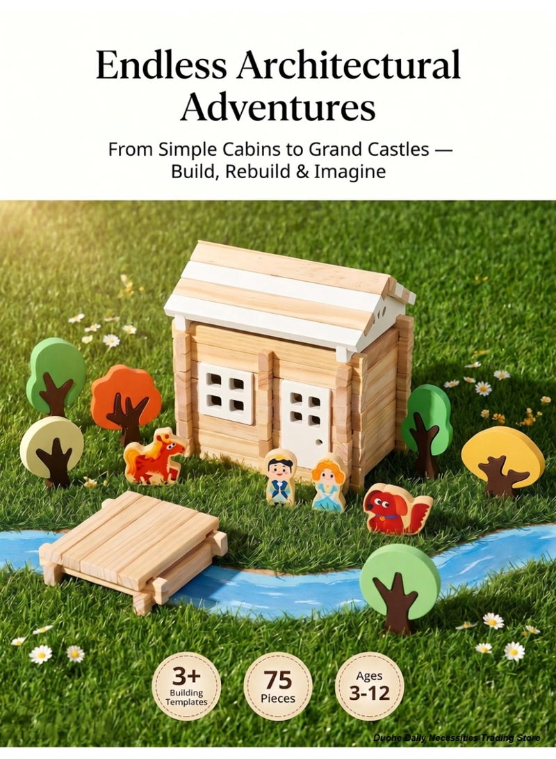Luban Mortise and Tenon Building Blocks, 75 Pcs Wooden Construction Toy, Educational STEM House Building Kit for Kids Ages 3-12 - Image 5