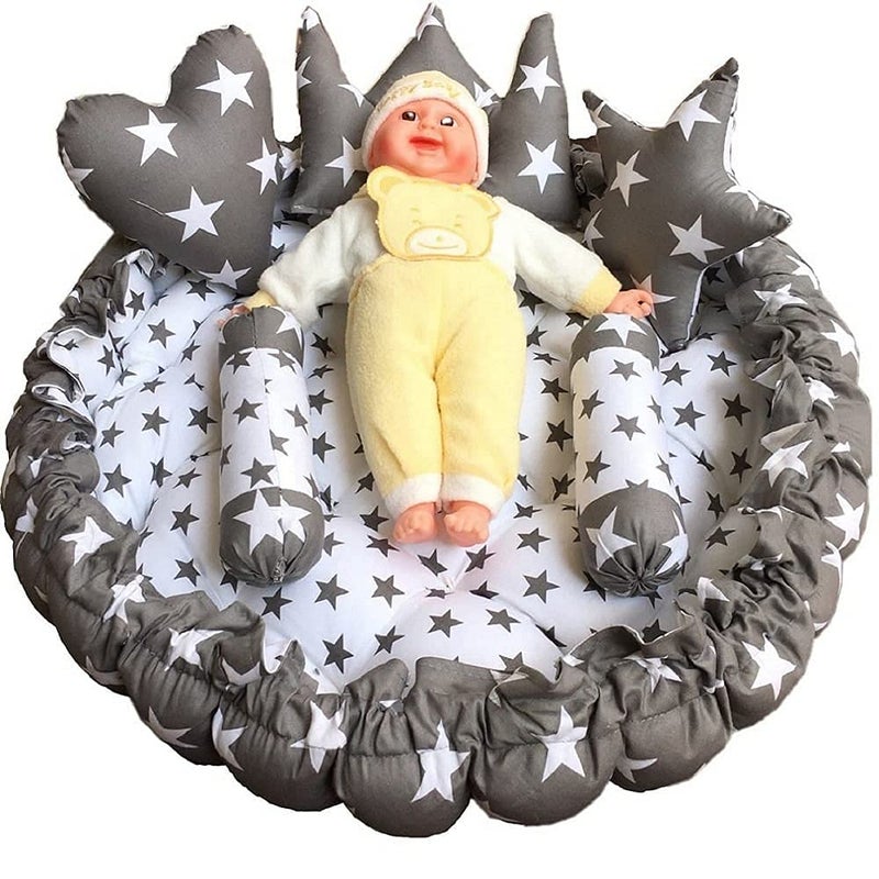 LIBAH LIBAH New Born Baby's Comfortable Round Tub Bed, Reversible Baby Bedding Sets Cum Mattress with 5 Multi Shape Pillows(Multicolor, 1 Set) - Image 1